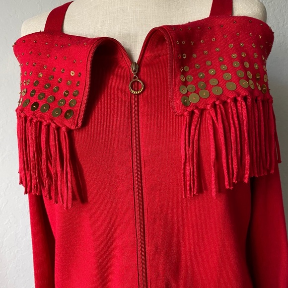 Berek Red Sweater Gold Beads Shawl Collar Fill Zip - Picture 2 of 11